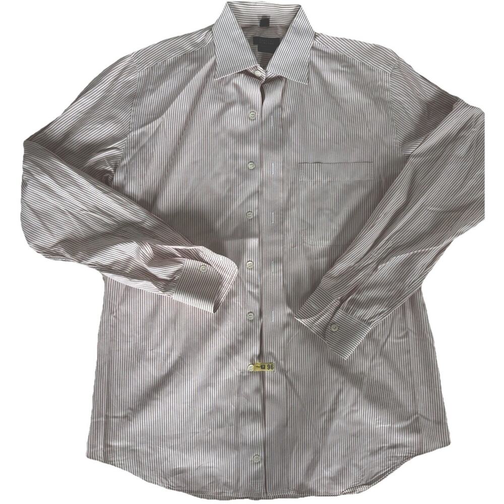 Barneys New York Trim Fit Dress Shirt L 100% Cotton Italy Striped White Brown